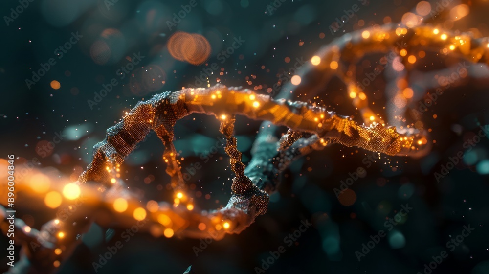 Witness a mesmerizing glowing dna helix swirling among particles on a dark backdrop, blending science and art Witness a mesmerizing glowing dna helix swirling among particles on a dark backdrop, blending science and art