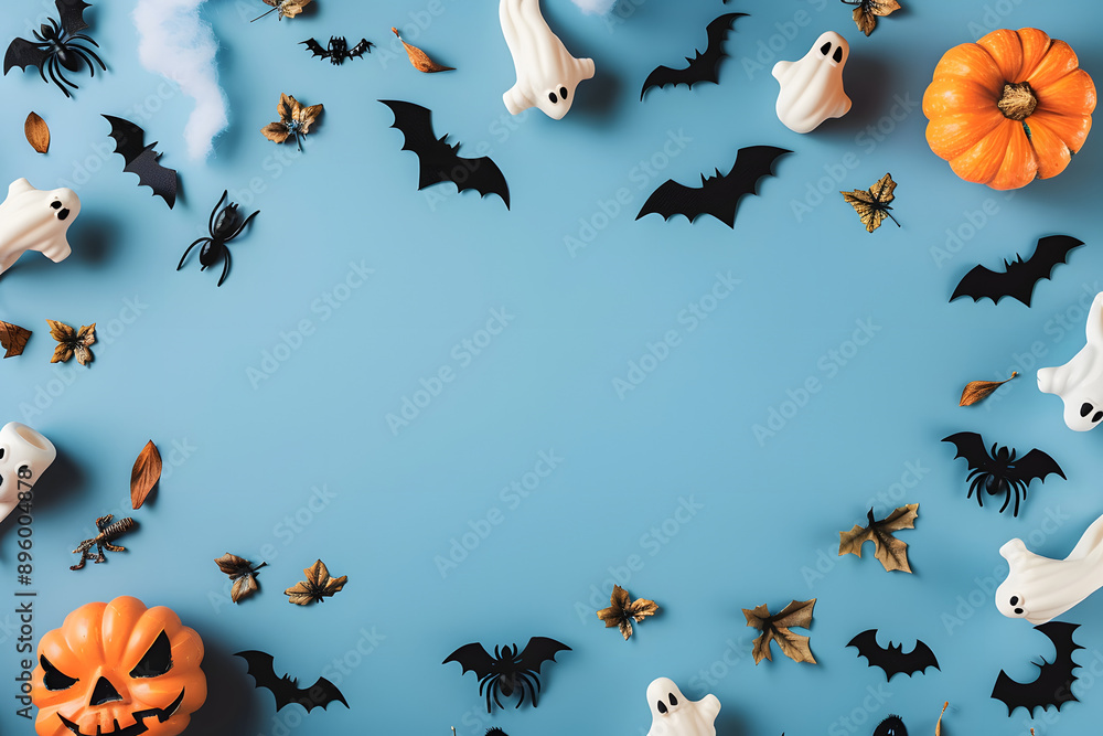 Halloween frame with party decorations of pumpkins, bats, ghosts, spiders on blue background from above. Happy halloween card in flat lay style. Halloween frame with party decorations of pumpkins, bats, ghosts, spiders on blue background from above. Happy halloween card in flat lay style.