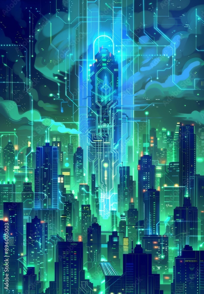 Obraz premium Futuristic Smart Cyber City illustration: Innovative Urban Landscape, futuristic technology and cyber punk concept, Graphic Resources, Wallpapers, Brochure, Websites, banner, Advertising, background