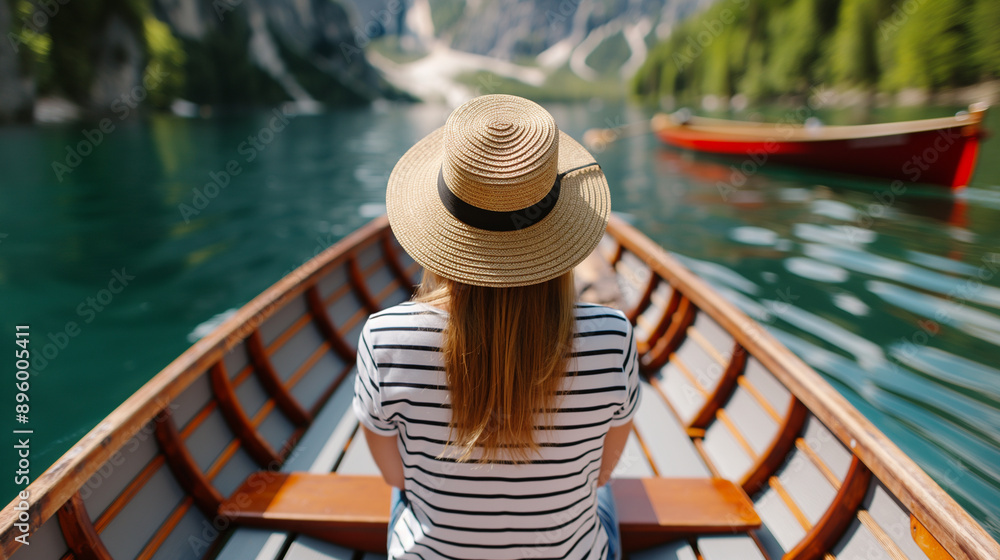 Fototapeta premium Woman in Straw Hat on Lake Boat Ride