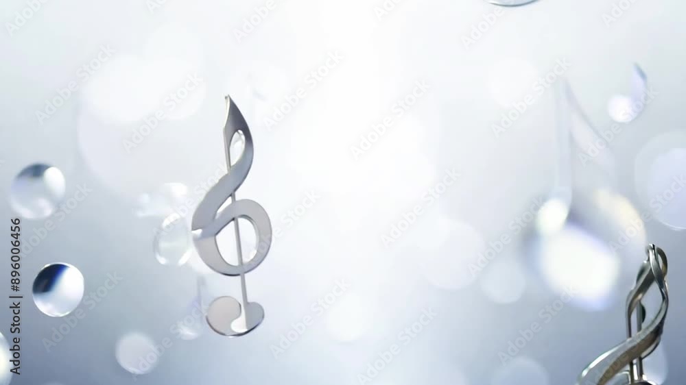 Silver musical notes and treble clef on a light bokeh background, for serene music videos, relaxing and calming video content. Animated elegant silver notes floating in soft lighting Silver musical notes and treble clef on a light bokeh background, for serene music videos, relaxing and calming video content. Animated elegant silver notes floating in soft lighting