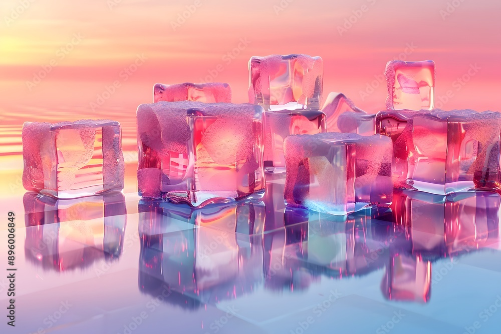 Colorful Ice Cubes Reflecting a Serene Sunset Over Water Colorful Ice Cubes Reflecting a Serene Sunset Over Water