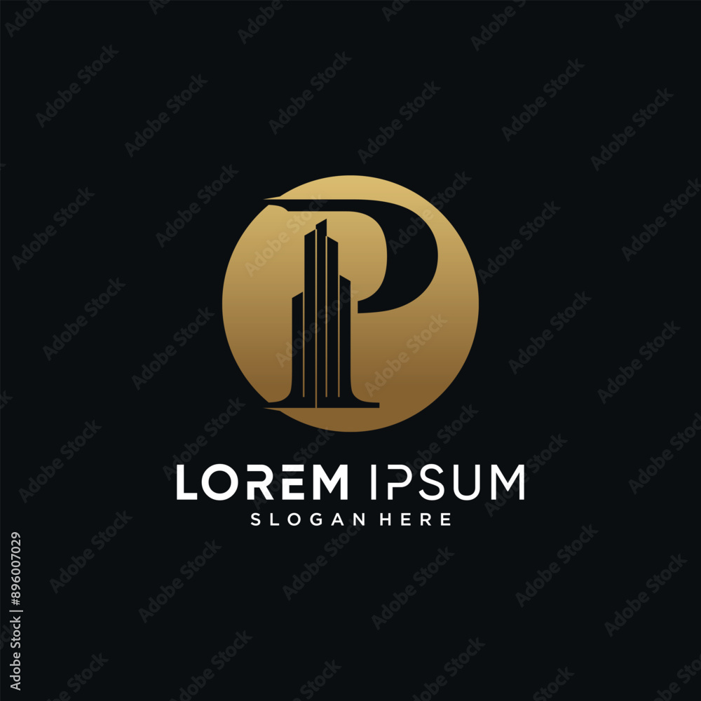 Letter p and building logo design template vector illustration with circle concept Letter p and building logo design template vector illustration with circle concept