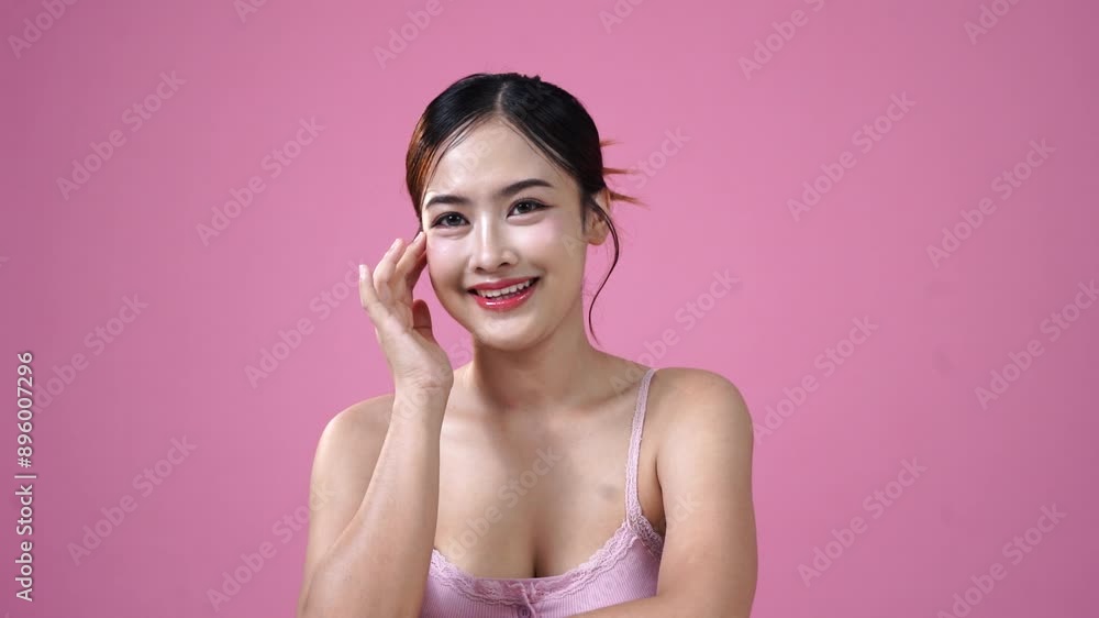 Beautiful young Asian woman model with Korean style makeup on pink background Beautiful young Asian woman model with Korean style makeup on pink background