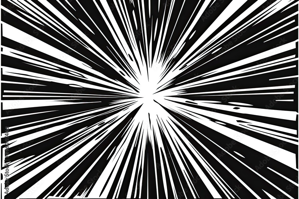 Fototapeta premium Comic Book Burst Effect, striking black and white design, dynamic lines radiating outward, perfect for emphasizing action or dramatic moments in visual storytelling