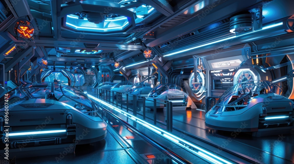 Fototapeta premium A futuristic theme park featuring AI-powered rides and attractions for an immersive entertainment experience.