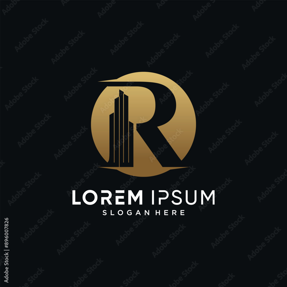 Letter r and building logo design template vector illustration with circle concept Letter r and building logo design template vector illustration with circle concept