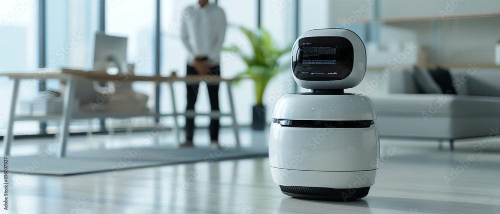 Obraz premium AIpowered robot, sleek design, futuristic workplace, holographic interface