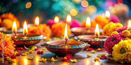 Oil lamps decorated with vibrant flowers for Diwali festival celebration , Diwali, festival, oil lamps, flowers photo