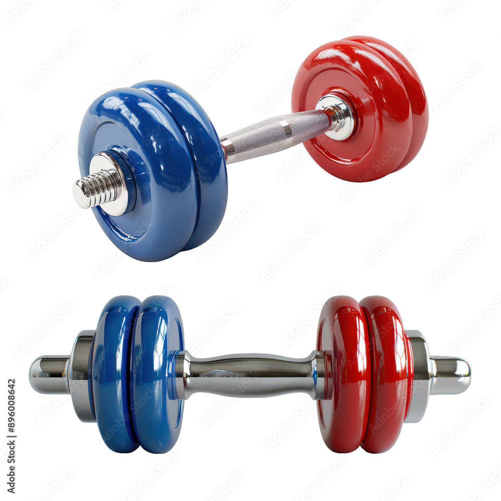 High-Gloss Blue and Red Dumbbells for Strength Training and Fitness Exercises. High-Gloss Blue and Red Dumbbells for Strength Training and Fitness Exercises.
