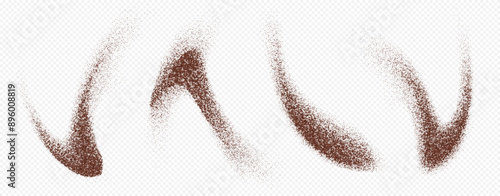 Flying coffee or chocolate powder, dust particles in motion, ground splash isolated on light background. Vector illustration.