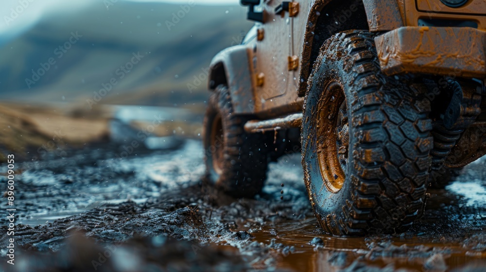Powerful off road vehicle is driving through a muddy puddle, showcasing its off road capabilities and adventurous spirit