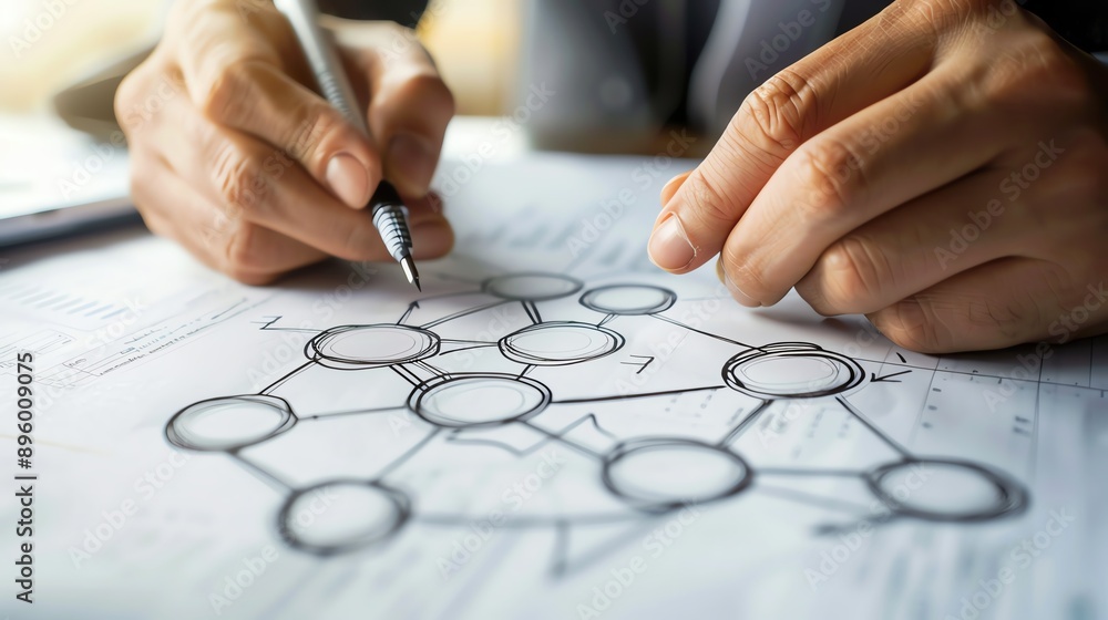 An individual draws a flowchart on a paper, illustrating data connections and processes with a pen for project planning. An individual draws a flowchart on a paper, illustrating data connections and processes with a pen for project planning.