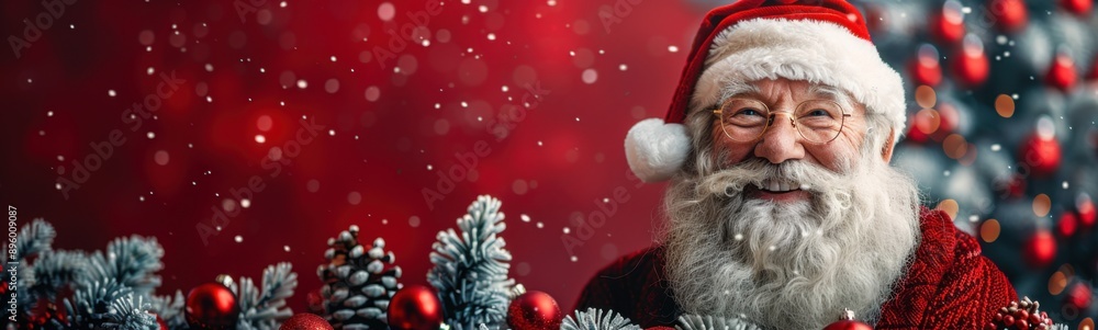 Santa claus is standing in front of a christmas tree with red balls, Christmas background Santa claus is standing in front of a christmas tree with red balls, Christmas background