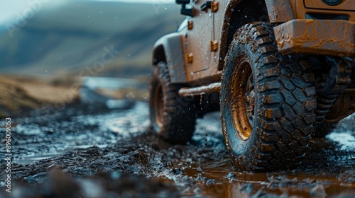 Obraz na płótnie Powerful off road vehicle is driving through a muddy puddle, showcasing its off road capabilities and adventurous spirit w salonie
