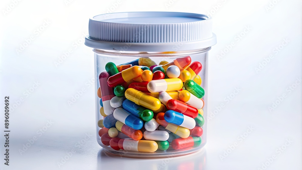 Plastic container for capsules or tablets, used for storing compounded medications, medication, pills, drugs, pharmacy Plastic container for capsules or tablets, used for storing compounded medications, medication, pills, drugs, pharmacy
