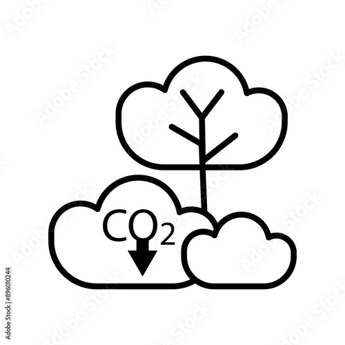 Tree reducing CO2. Carbon capture symbol. Environmental vector icon. Simple black outline.