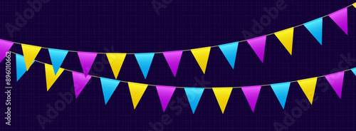Bunting flags, carnival party flags, festive pennants hanging on a rope. Festival vector decoration.