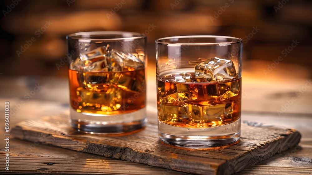 Two Glasses of Whiskey on a Rustic Wooden Surface Two Glasses of Whiskey on a Rustic Wooden Surface