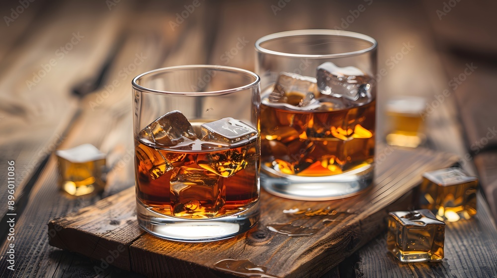 Refreshing Glasses of Whiskey on a Rustic Wooden Surface Refreshing Glasses of Whiskey on a Rustic Wooden Surface