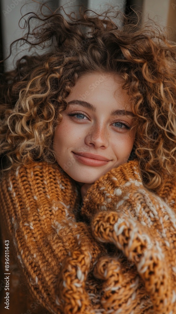 Young woman with curly hair, blue eyes, and a warm smile in a yellow knit sweater. Hair slightly moving indoors against a bright backdrop. Young woman with curly hair, blue eyes, and a warm smile in a yellow knit sweater. Hair slightly moving indoors against a bright backdrop.