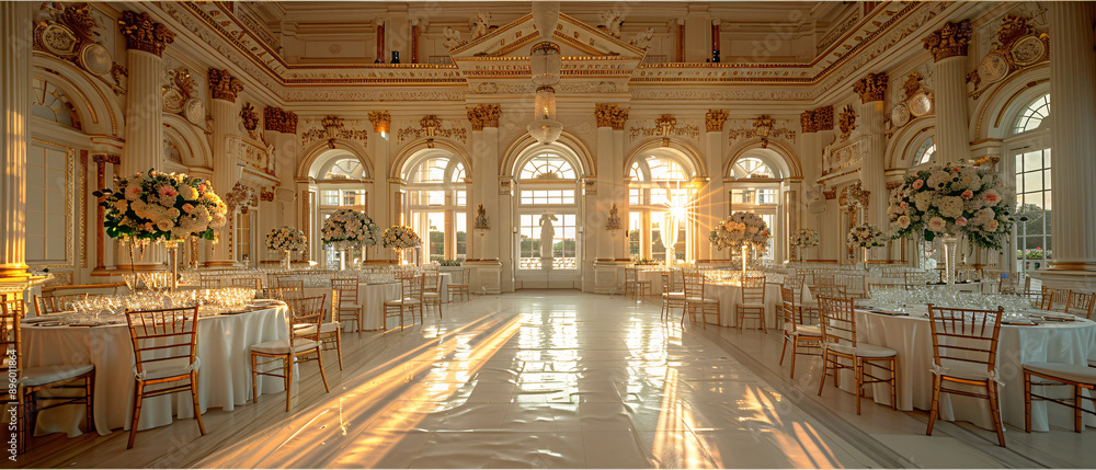 Fototapeta premium Elegant Wedding Reception Venue with Sunbeams Streaming Through Windows, Elegant Wedding Reception Venue with Sunbeams Streaming Through