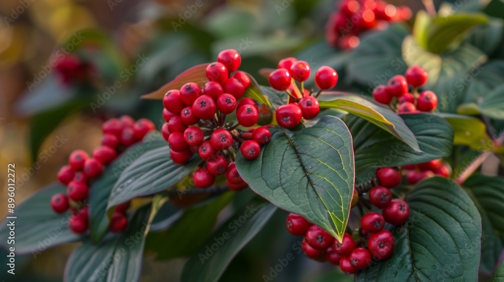 Obraz premium Vibrant red berries clustered on lush green leaves, symbolizing nature's bounty in autumn. A close-up shot meant for botanical illustrations, calendar designs, and gardening blogs. AI