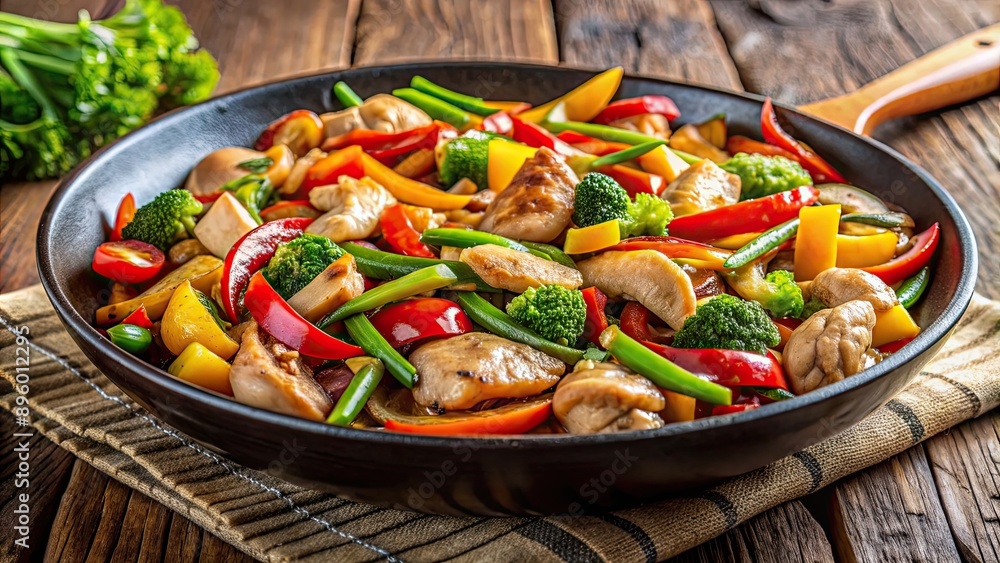 Close up of stir fried chicken with colorful vegetables on a sizzling pan, food, cooking, stir fry, chicken, vegetables, delicious Close up of stir fried chicken with colorful vegetables on a sizzling pan, food, cooking, stir fry, chicken, vegetables, delicious