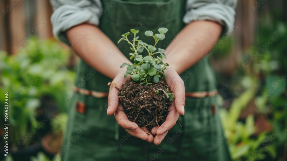 Gardener holding a small plant with roots covered in soil, symbolizing new life and growth.