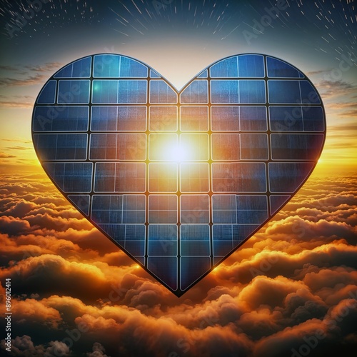 Solar heart in sky. Surreal image of heart-shaped solar panel floating above clouds at sunset, symbolizing love for renewable energy and environmental care. photo