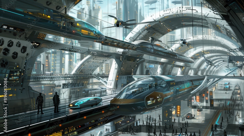Obraz premium A bustling futuristic transportation hub featuring hyperloop trains and advanced vehicles, set within an ultra-modern, high-tech cityscape with sleek architecture and dynamic lighting.