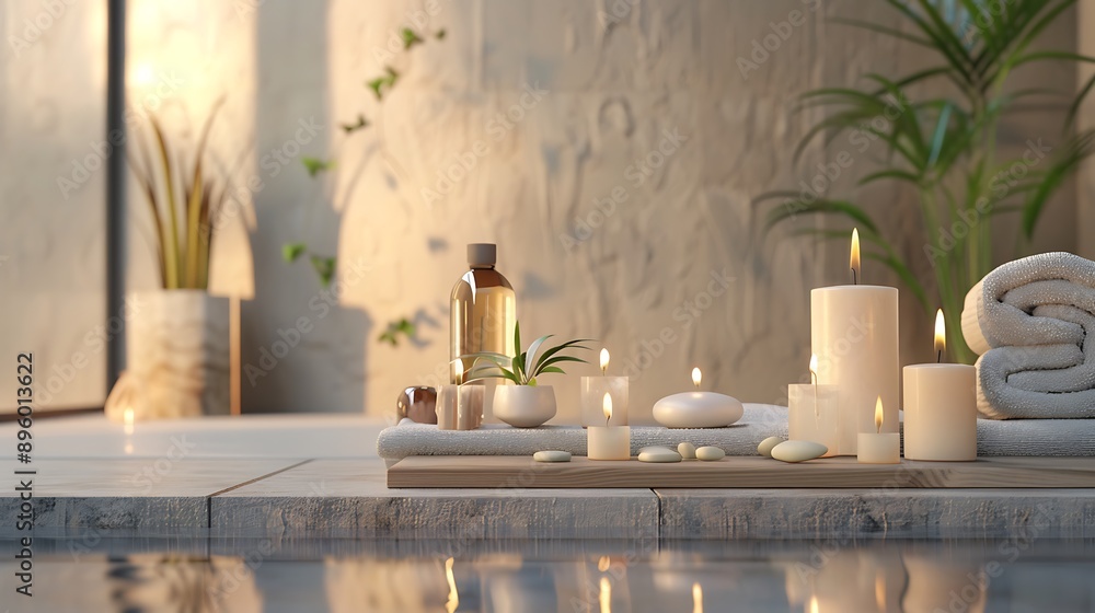 A modern spa setting with candles and essential oils, creating a relaxing ambiance --ar 16:9 A modern spa setting with candles and essential oils, creating a relaxing ambiance --ar 16:9