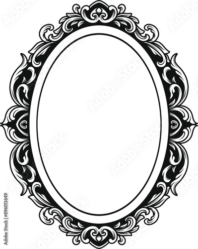 Vector illustration of Oval vintage frame, decorative border engraving, Victorian and baroque style design. Elegant royal style frame shape with swirls, filigree, floral. For label, tag and invitation