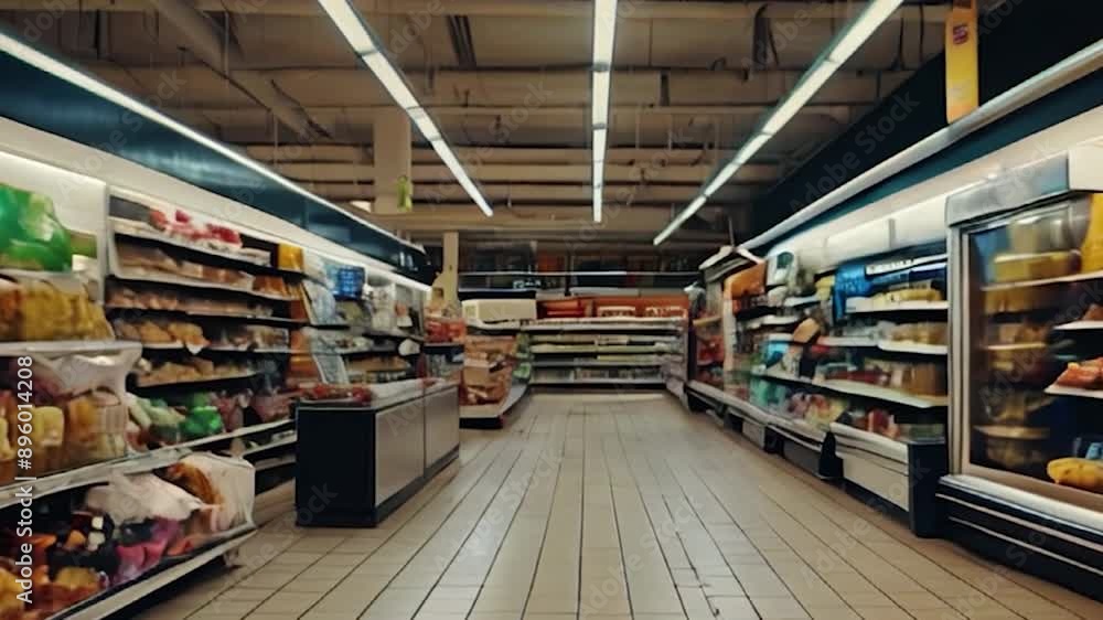 Empty Grocery Store Aisle with Stocked Shelves Empty Grocery Store Aisle with Stocked Shelves