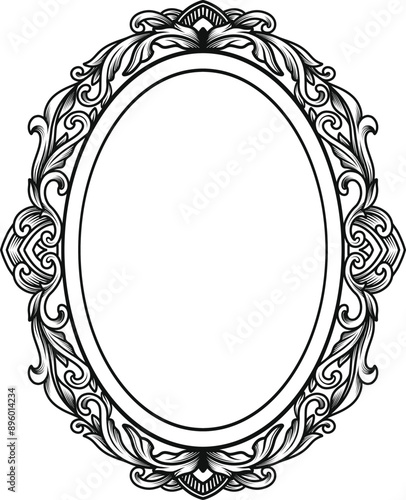 Hand drawn engraving oval border frame with baroque, arabesque, swirl, filigree ornament, vector design element. Template for invitation, scrapbook, wedding, greeting card.
