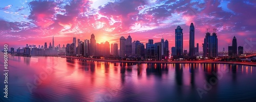 Dynamic city skyline ablaze with the colors of sunset, 4K hyperrealistic photo