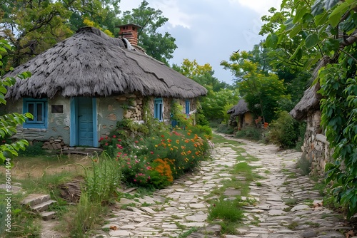Charming Rustic Village with Thatched Roof Cottages and Lush Gardens