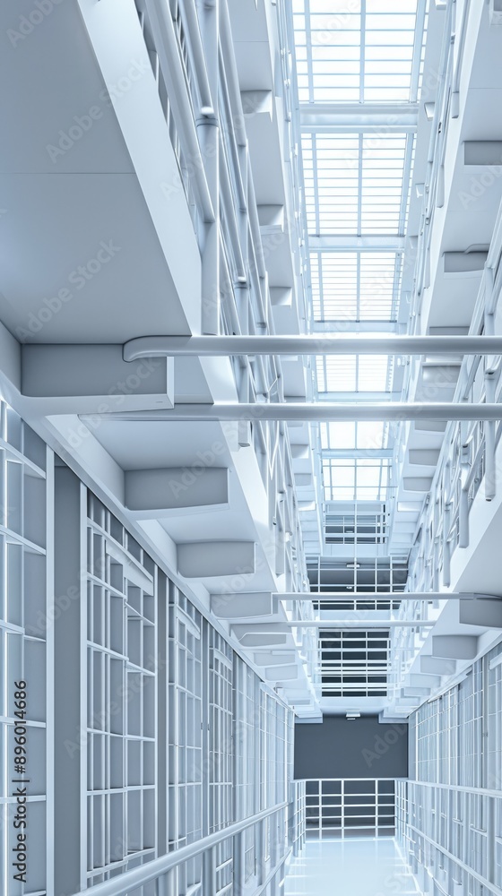 A long, white corridor in a prison with barred cell doors and a yellow line running down the center A long, white corridor in a prison with barred cell doors and a yellow line running down the center