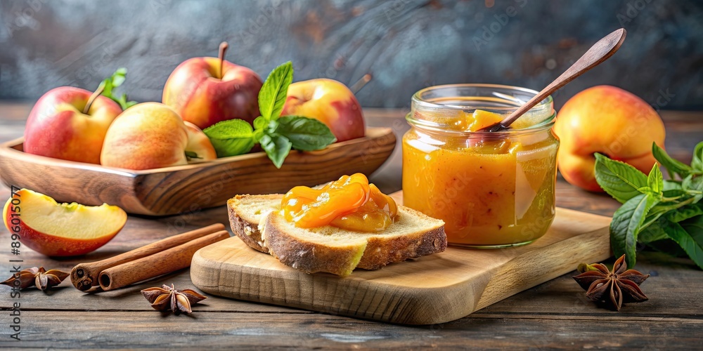 Vanilla peach jam spread on rustic bread with vanilla sticks and fresh peaches , breakfast, bakery, sandwich, sweet Vanilla peach jam spread on rustic bread with vanilla sticks and fresh peaches , breakfast, bakery, sandwich, sweet