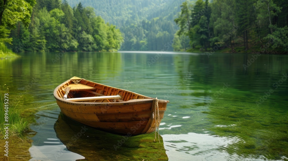 Scenic view of a wooden rowing boat on a calm green lake, highlighting serenity and picturesque surroundings Scenic view of a wooden rowing boat on a calm green lake, highlighting serenity and picturesque surroundings
