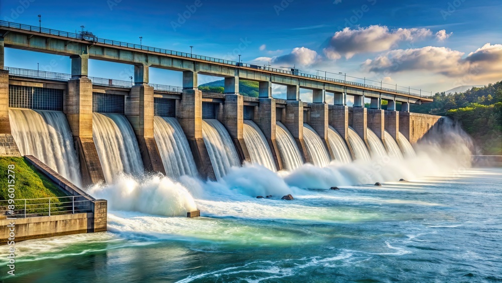 Front view of a hydroelectric dam with energy flow, showcasing renewable power Front view of a hydroelectric dam with energy flow, showcasing renewable power