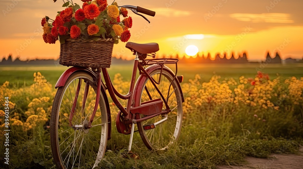 Naklejka premium A vintage bicycle with a vibrant bouquet in its basket
