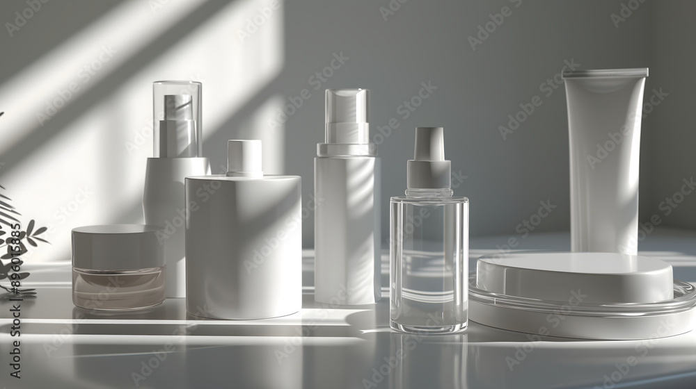 Cosmetic Bottles on White Background and sunlight Cosmetic Bottles on White Background and sunlight
