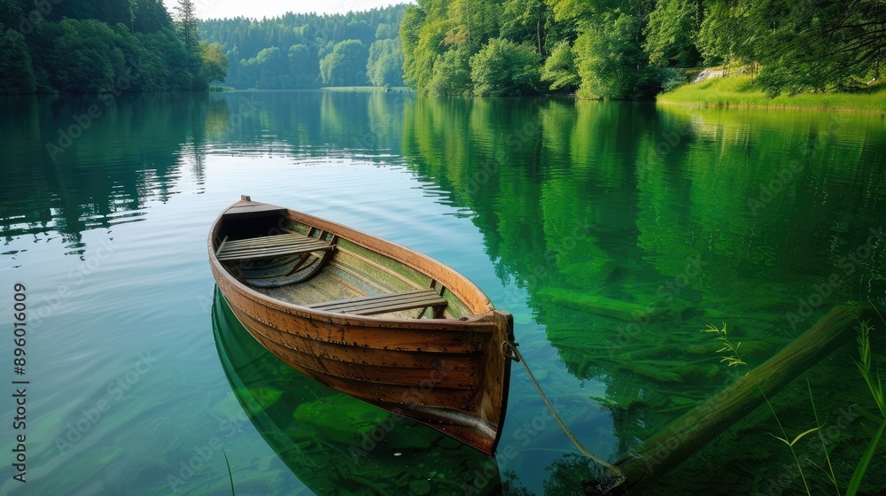 Serene green lake with a wooden rowing boat, perfect for a tranquil and scenic escape Serene green lake with a wooden rowing boat, perfect for a tranquil and scenic escape
