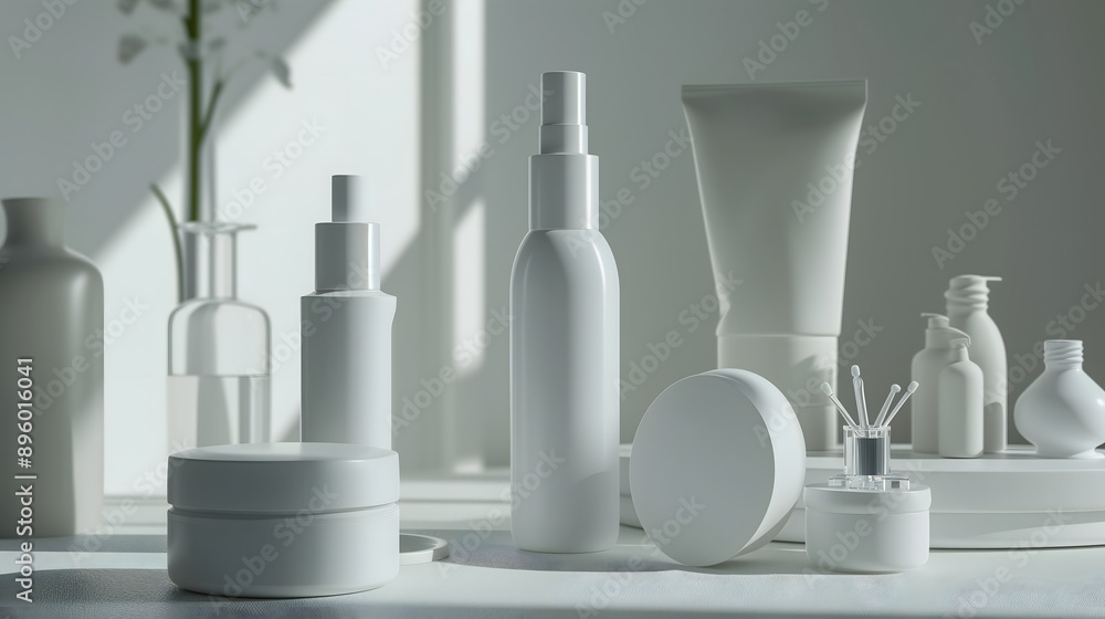 Cosmetic Bottles on White Background and sunlight Cosmetic Bottles on White Background and sunlight