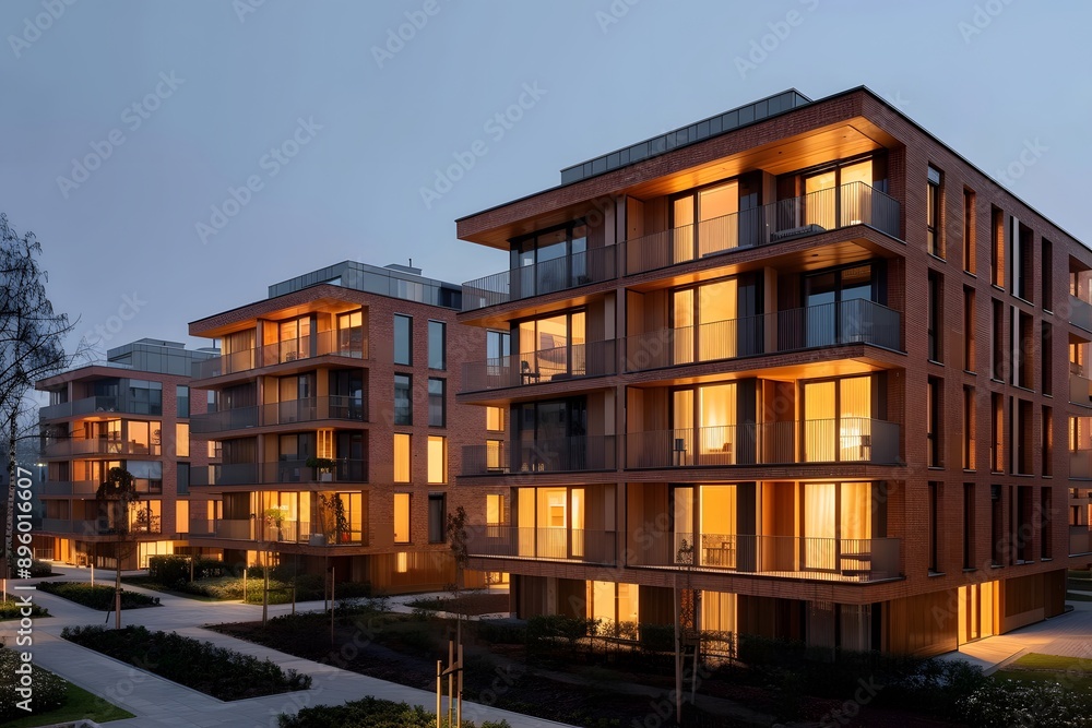 Modern Residential Complex at Dusk with Warm Illuminated Windows Modern Residential Complex at Dusk with Warm Illuminated Windows
