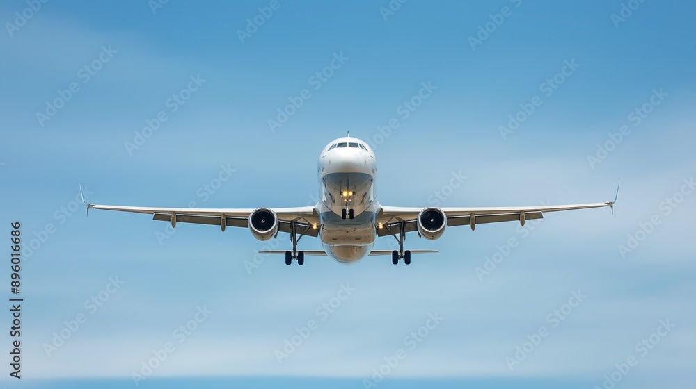 Wide body passenger airliner soaring through a clear blue sky, showcasing modern aviation technology and freedom of travel, ideal for commercial aviation ads. Wide body passenger airliner soaring through a clear blue sky, showcasing modern aviation technology and freedom of travel, ideal for commercial aviation ads.