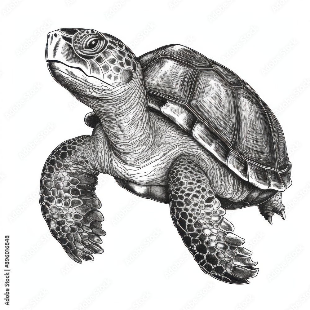 Fototapeta premium Black and white Vintage engraved art of a turtle portrait isolated on white background, ink sketch illustration, simple vector art design, highly detailed line art, high contrasty 
