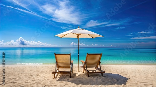 Beach scene with two chairs, umbrella and blue sea in background, beach, chairs, umbrella, sand, vacation, relax, sunny