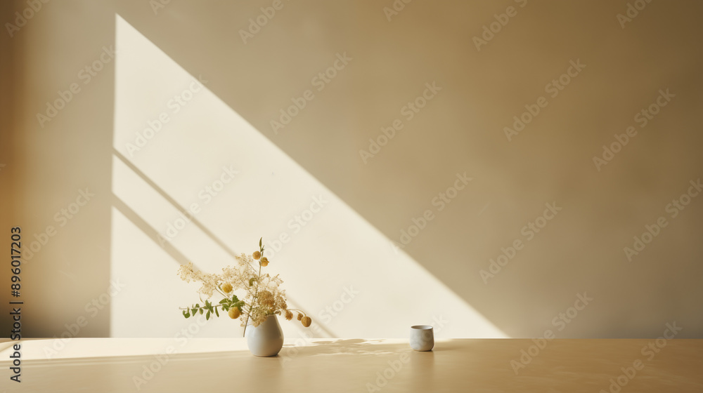 3D interior scene with white vase and flower in beige background and and Sunlight 3D interior scene with white vase and flower in beige background and and Sunlight